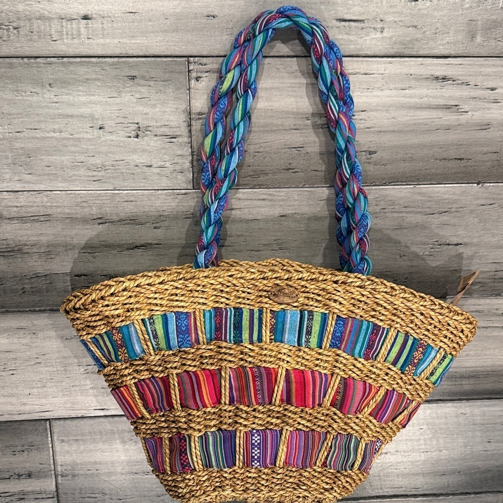 Handwoven Multicolor Straw Tote Bag with Braided Handles